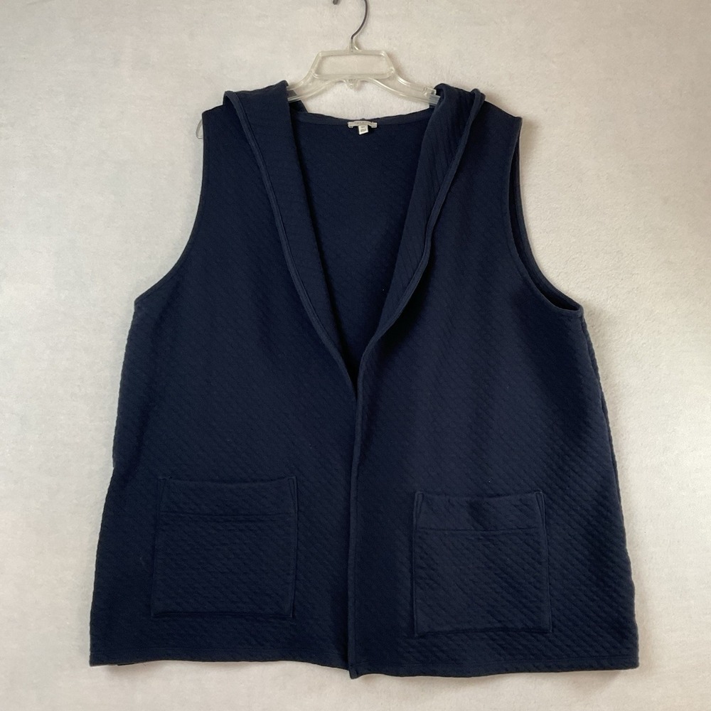 Talbots Woman Sweater Vest 3X Navy Blue Quilted Hood Open Front Pockets Cotton
